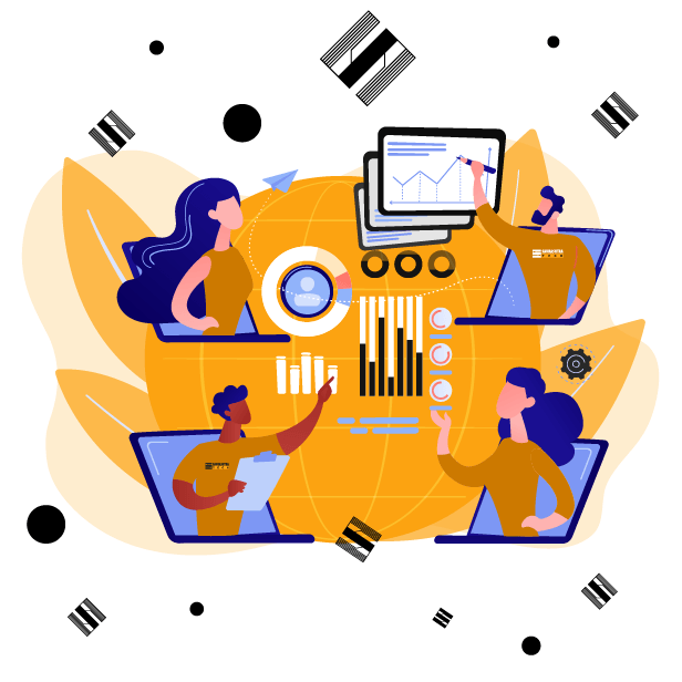 Four Persons Illustration Analyzing Data and Representing Growth of Saurashtra Tech