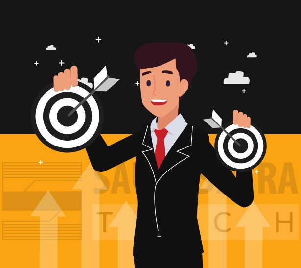 Suited Well Dressed Illutration Person holding Bullseye Target showing Saurashtra Tech Vision and Mission