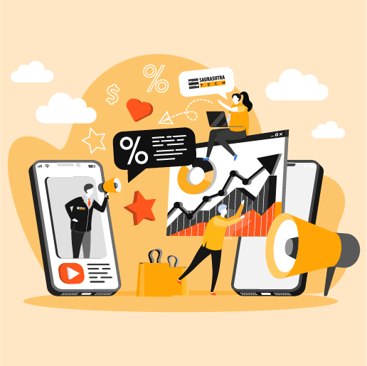 Saurashtra Tech Digital Marketing Experts Utilizing Desktop, Mobile, and other Digital Media for Client's Digital Marketing - Illustration