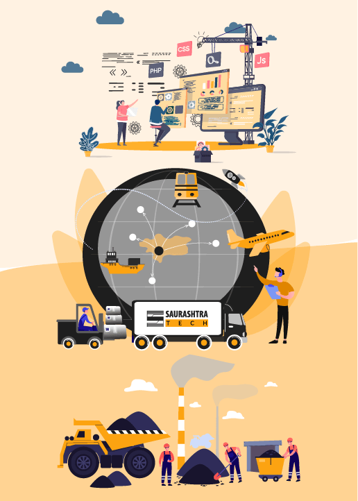 Web Design and Development Industries Illustration  Display Industries and Developer Working on Website Developing - Saurashtra Tech Web Design and Development Service Page Industries Section