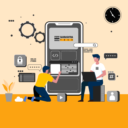 Saurashtra Tech Mobile App Developers Working on Android and IOS App Development on PC and Debuging Code on Huge Mobile Device Illustration