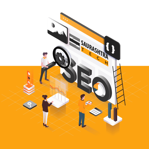 Illustration of Saurashtra Tech SEO Experts Analyzing Data, Web Pages, Link Building and Ranking
